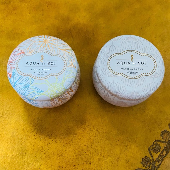 Set of 2 Soi Candles Aqua de Soi Amber Woods & Vanilla Sugar Decorative Tin NEW - Picture 5 of 8